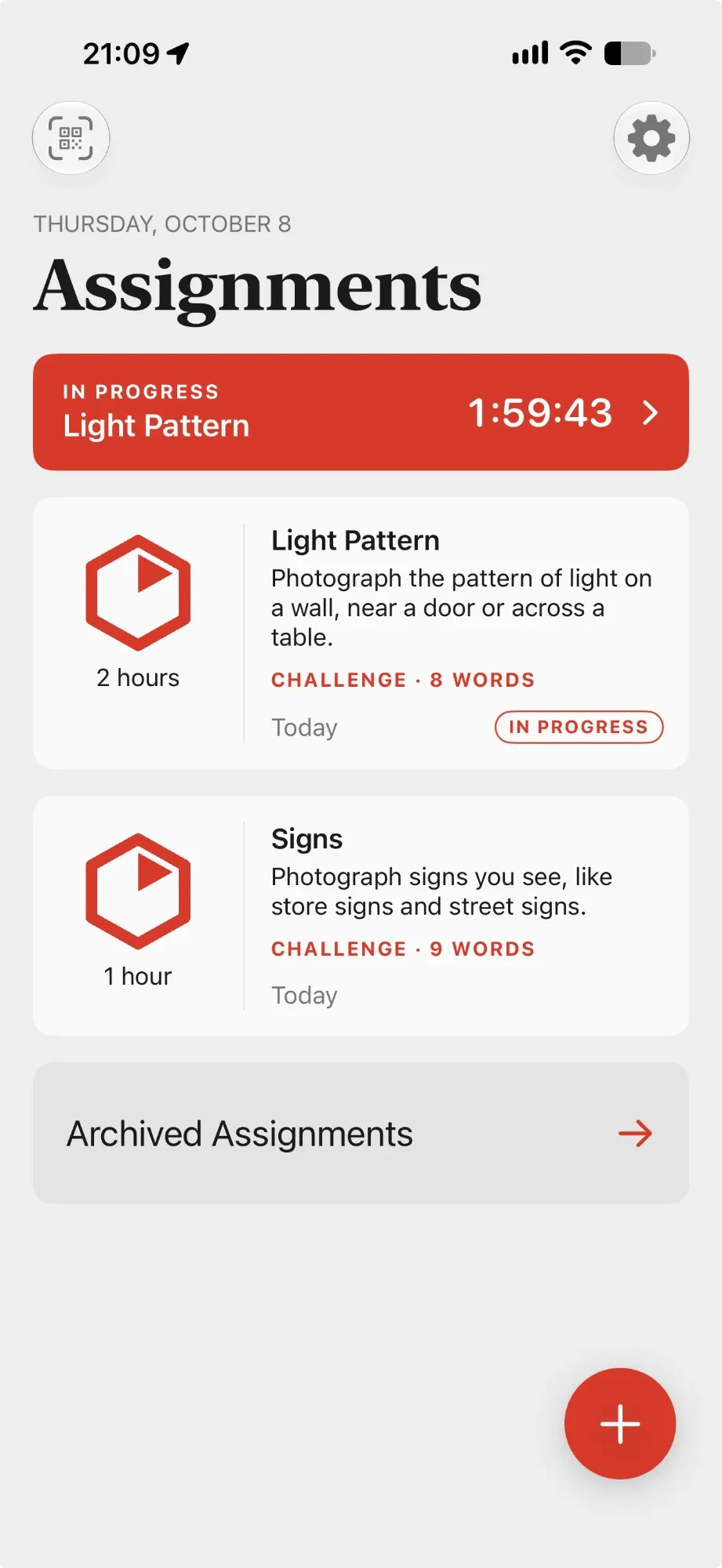 The Assignments list with a red IN PROGRESS banner showing the time left, and two challenge cards.