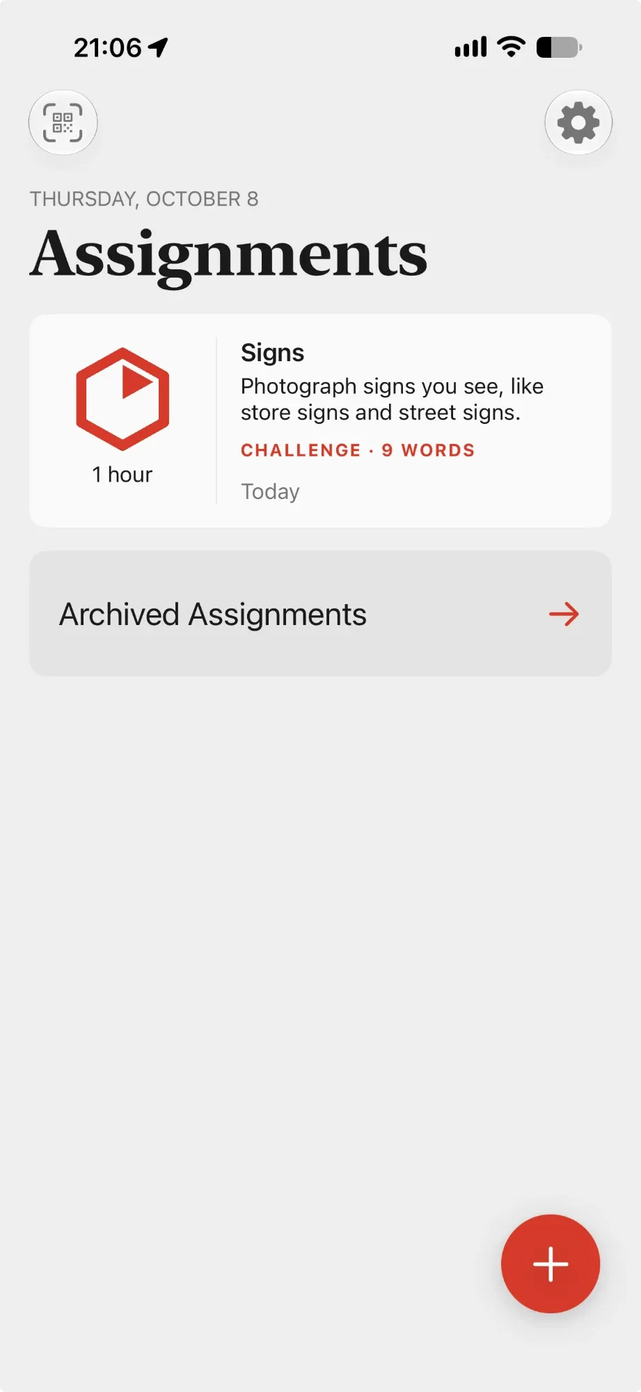 The Assignments list with one challenge card, an Archived Assignments link and the red plus button.