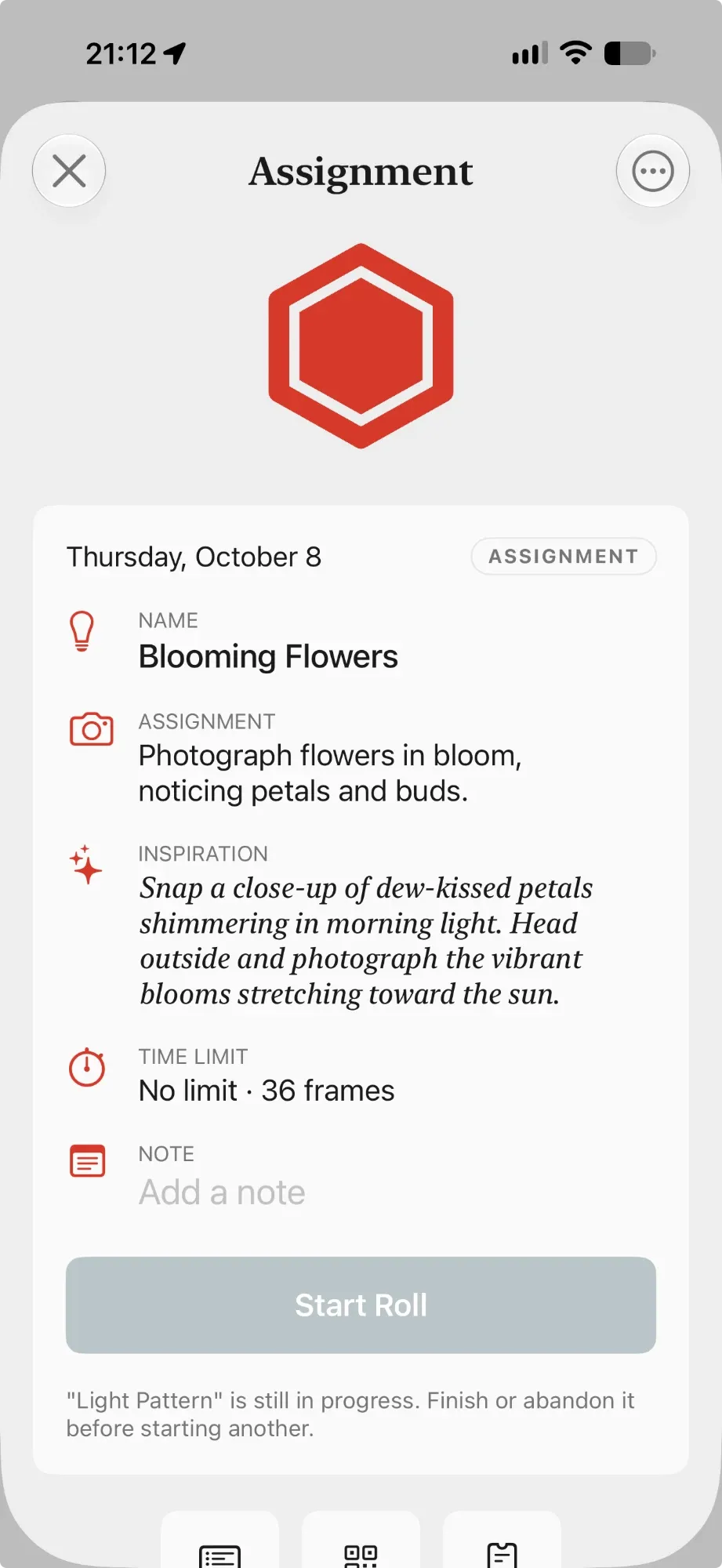 An assignment’s page with Start Roll greyed out and a note that another roll is still in progress.