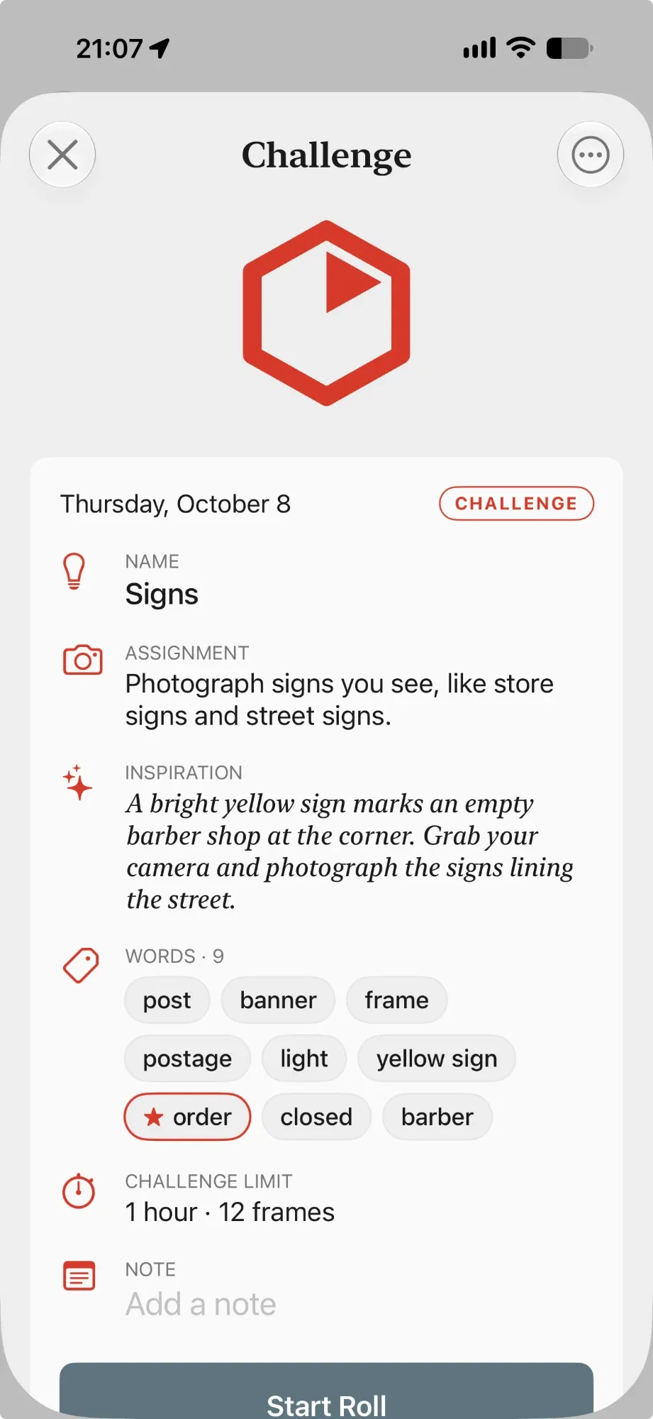 A challenge’s page showing its name, assignment, inspiration, nine words with one starred, the limit and a note field.