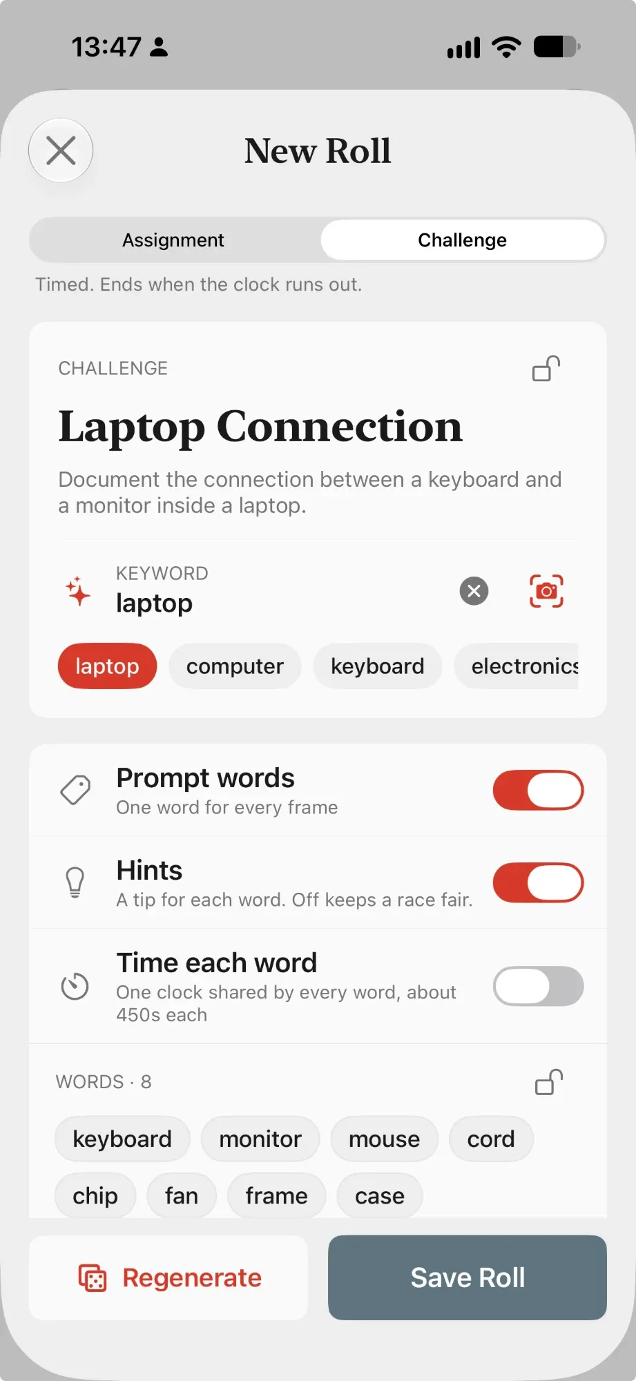 The New Roll screen, with a challenge, a keyword and a list of prompt words.