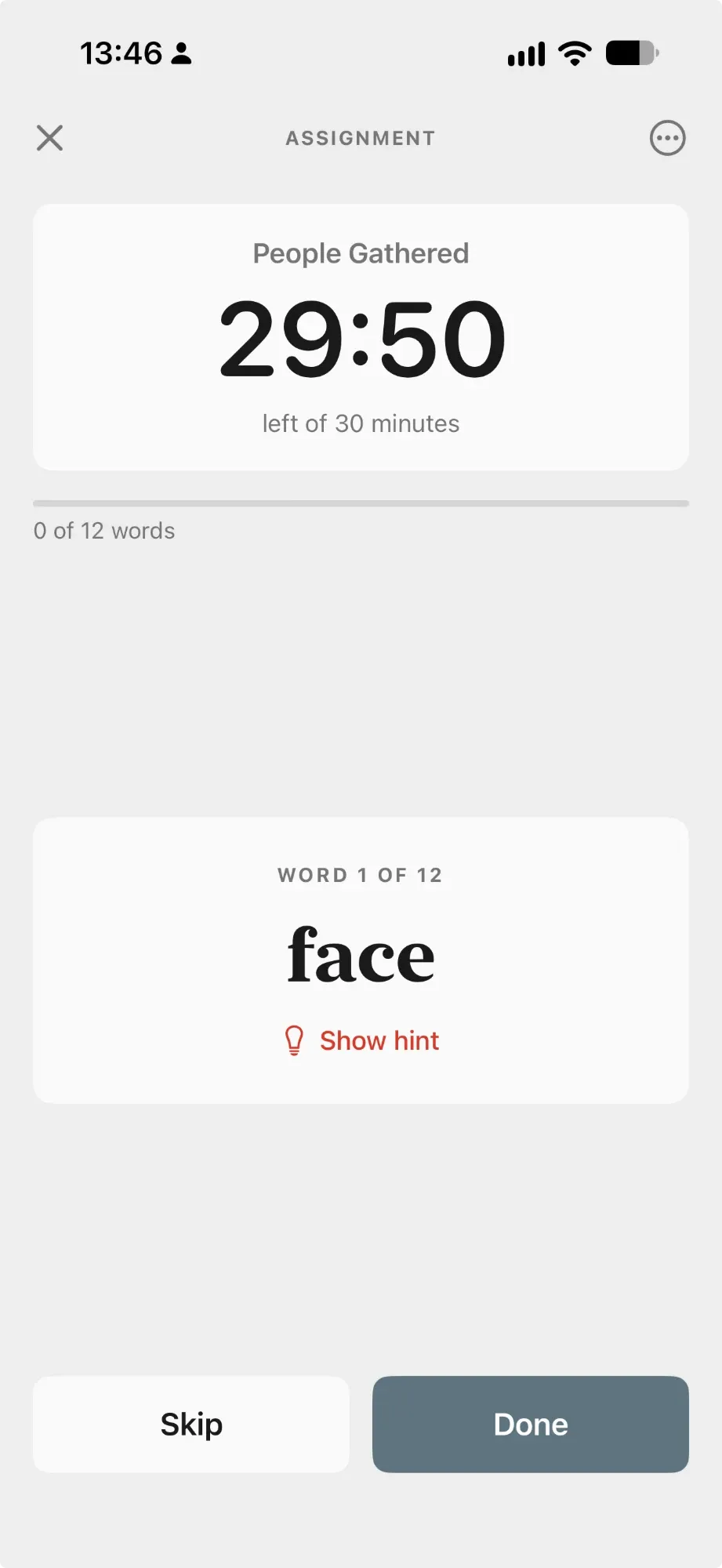 An assignment in progress: a clock, “0 of 12 words”, the word “face” and a Show hint button.