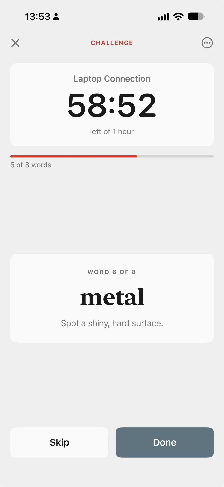 A challenge in progress: a clock counting down and the word “metal”.